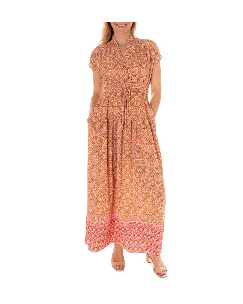 Women's Printed Cap-Sleeve Shirred-Waist Crepe Maxi Dress Orange $37.76 Dresses