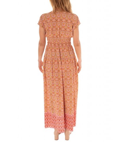 Women's Printed Cap-Sleeve Shirred-Waist Crepe Maxi Dress Orange $37.76 Dresses