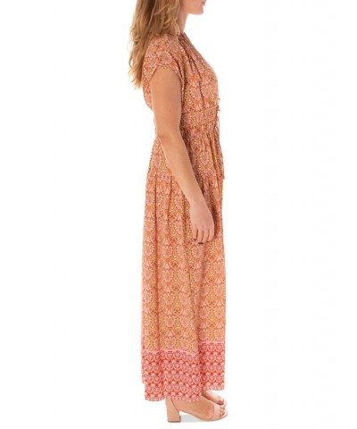 Women's Printed Cap-Sleeve Shirred-Waist Crepe Maxi Dress Orange $37.76 Dresses