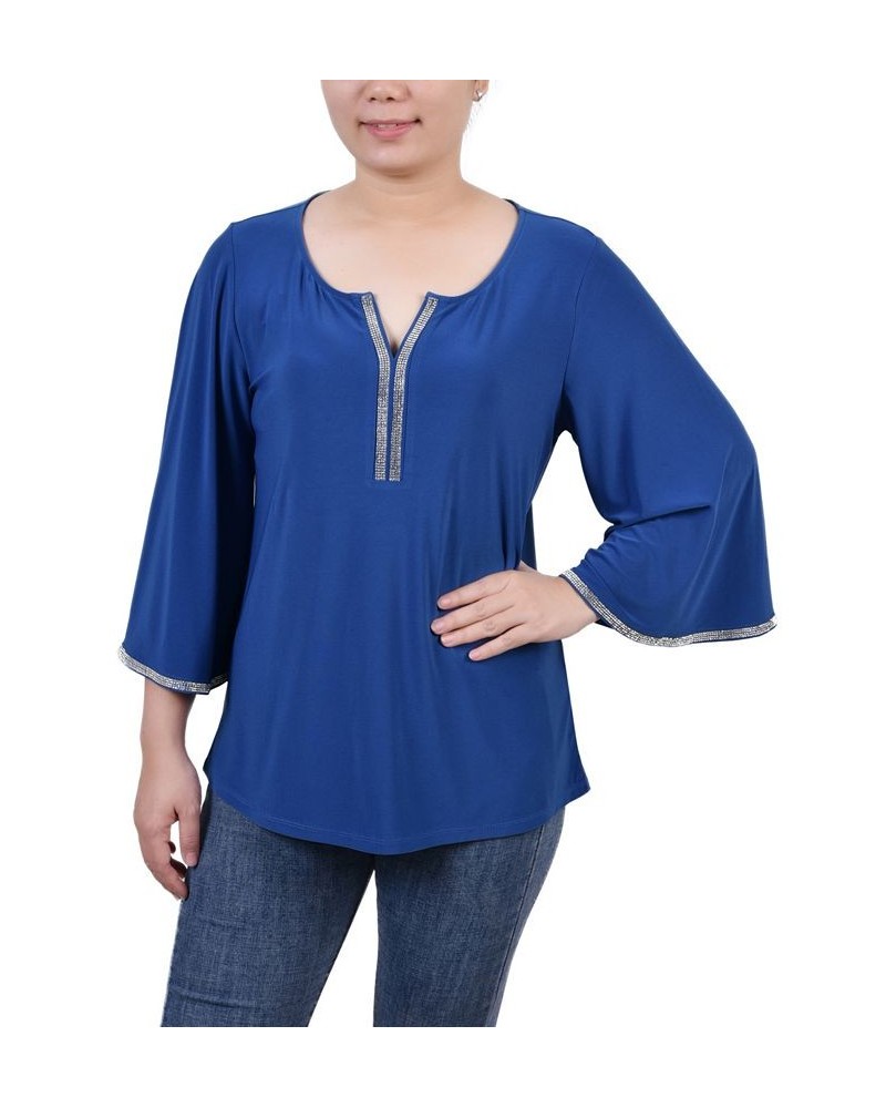 Petite 3/4 Bell Sleeve Top with Stones Blue $16.70 Tops