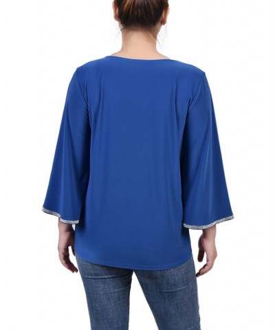 Petite 3/4 Bell Sleeve Top with Stones Blue $16.70 Tops