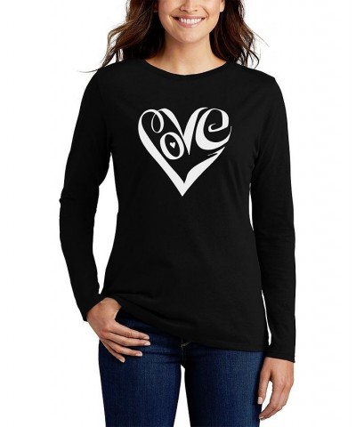 Women's Long Sleeve Word Art Script Love Heart T-shirt Black $18.50 Tops