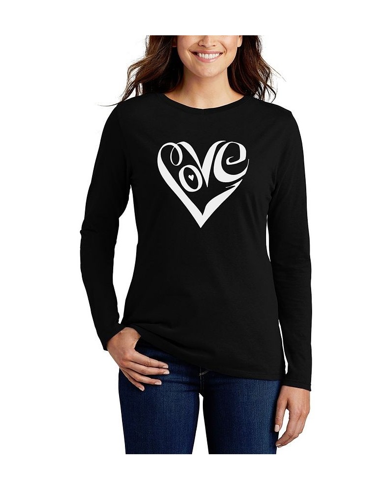 Women's Long Sleeve Word Art Script Love Heart T-shirt Black $18.50 Tops