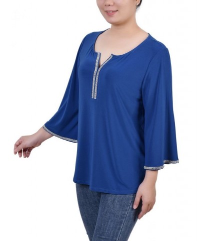 Petite 3/4 Bell Sleeve Top with Stones Blue $16.70 Tops