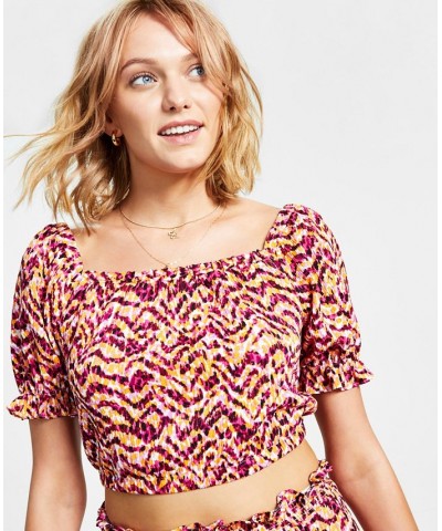 Women's Printed Square-Neck Short-Sleeve Crop Top Tiger Tracks $10.70 Tops