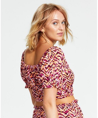 Women's Printed Square-Neck Short-Sleeve Crop Top Tiger Tracks $10.70 Tops