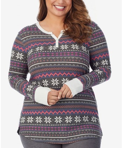 Plus Size Stretch Thermal Split-V Henley Grey Multi Fairisle $14.35 Tops