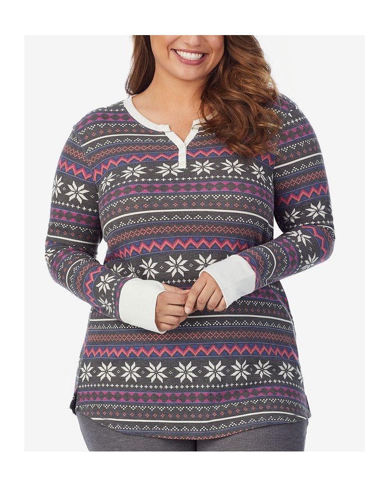 Plus Size Stretch Thermal Split-V Henley Grey Multi Fairisle $14.35 Tops