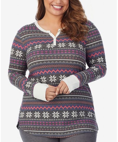 Plus Size Stretch Thermal Split-V Henley Grey Multi Fairisle $14.35 Tops