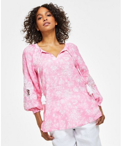 Women's Linen Toile-Print Top Peony Combo $25.37 Tops