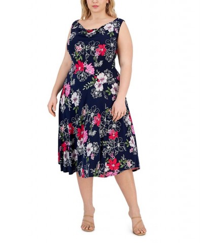 Plus Size Floral-Print Cowlneck Midi Dress Navy/Pink $36.49 Dresses