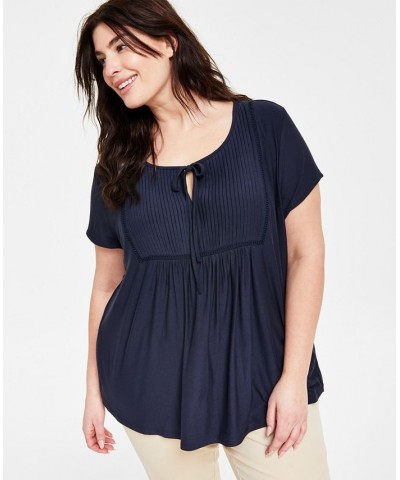 Plus Size Solid Short-Sleeve Pintuck Top Blue $26.37 Tops