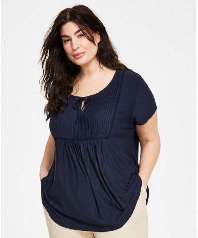 Plus Size Solid Short-Sleeve Pintuck Top Blue $26.37 Tops