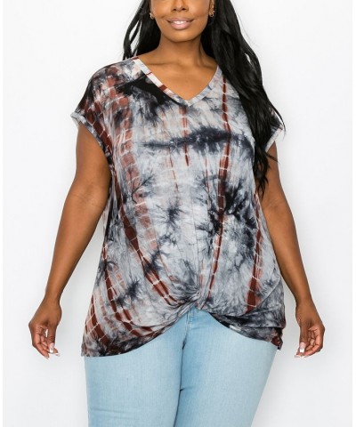 Plus Size Hand Tie Dye V-Neck Twist Front Top Gray/Rust $18.98 Tops