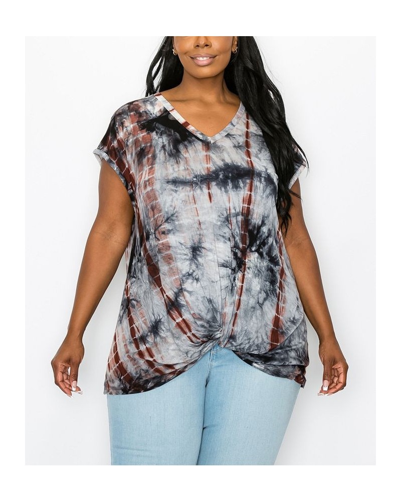 Plus Size Hand Tie Dye V-Neck Twist Front Top Gray/Rust $18.98 Tops