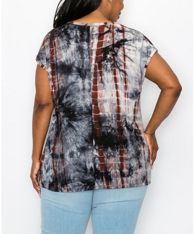 Plus Size Hand Tie Dye V-Neck Twist Front Top Gray/Rust $18.98 Tops