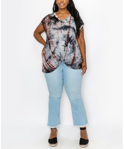 Plus Size Hand Tie Dye V-Neck Twist Front Top Gray/Rust $18.98 Tops