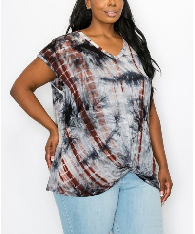 Plus Size Hand Tie Dye V-Neck Twist Front Top Gray/Rust $18.98 Tops