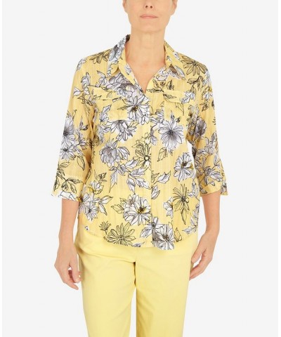 Petite Summer In The City Etched Floral Button Down Top Yellow $35.45 Tops