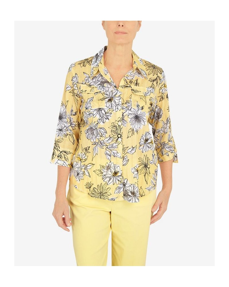 Petite Summer In The City Etched Floral Button Down Top Yellow $35.45 Tops