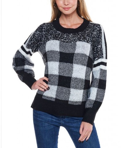 Women's Gradual Plaid Sweater with Stripe Black, White Plaid $38.22 Sweaters