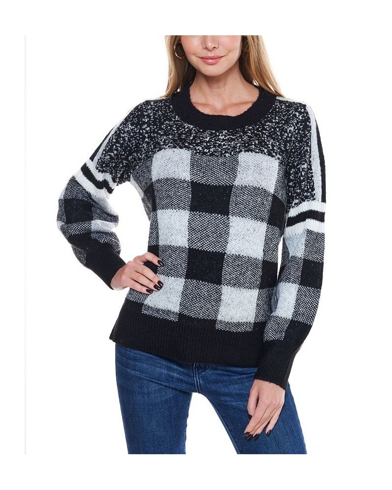 Women's Gradual Plaid Sweater with Stripe Black, White Plaid $38.22 Sweaters