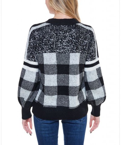 Women's Gradual Plaid Sweater with Stripe Black, White Plaid $38.22 Sweaters