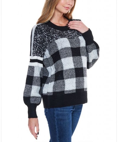 Women's Gradual Plaid Sweater with Stripe Black, White Plaid $38.22 Sweaters