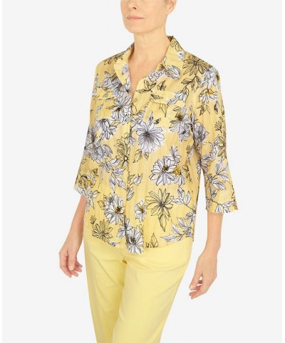 Petite Summer In The City Etched Floral Button Down Top Yellow $35.45 Tops