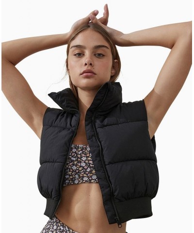 Women's The Mother Cropped Puffer Vest Jacket Black $27.00 Jackets