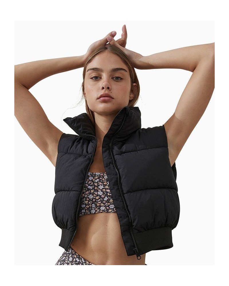 Women's The Mother Cropped Puffer Vest Jacket Black $27.00 Jackets