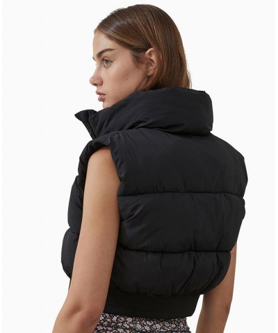 Women's The Mother Cropped Puffer Vest Jacket Black $27.00 Jackets