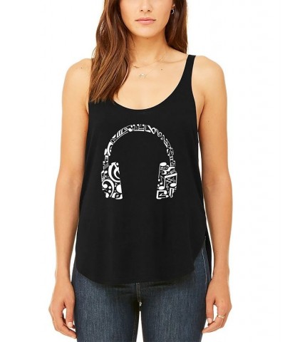 Women's Word Art Music Note Headphones Flowy Tank Top Black $19.80 Tops