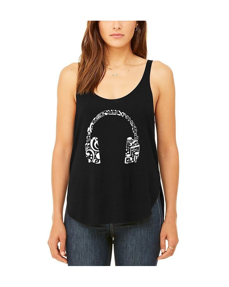 Women's Word Art Music Note Headphones Flowy Tank Top Black $19.80 Tops