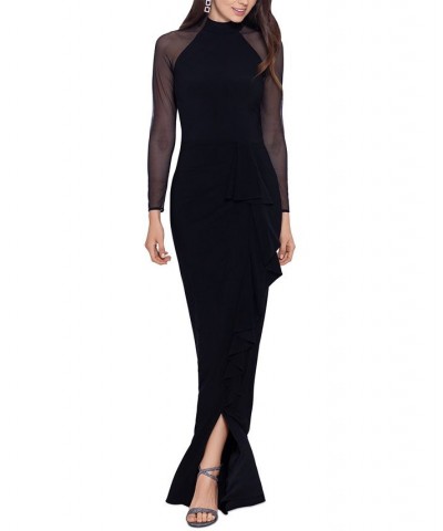 Mock-Neck Sheer-Sleeve Gown Black $34.20 Dresses