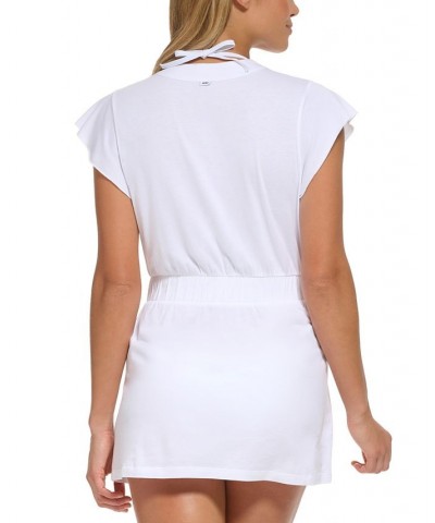 Women's Solid Flutter-Sleeve Deep-V Swim Dress Cover-Up White $34.32 Swimsuits