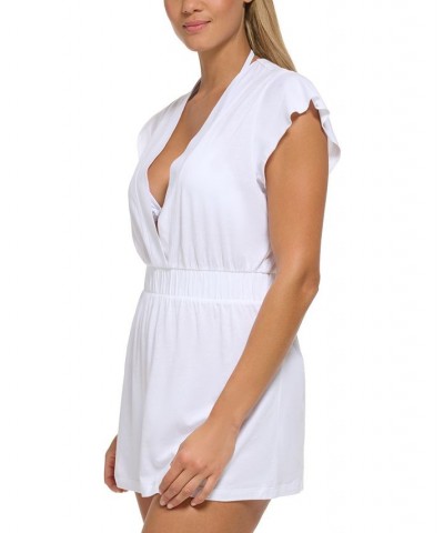 Women's Solid Flutter-Sleeve Deep-V Swim Dress Cover-Up White $34.32 Swimsuits