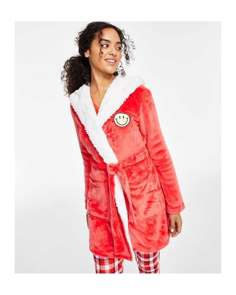 Women's Printed Short Sherpa Hooded Robe Red $17.90 Sleepwear