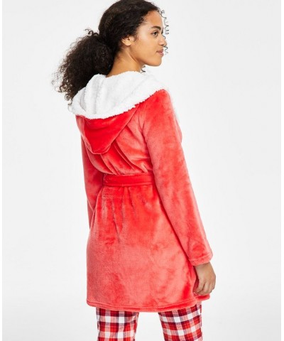 Women's Printed Short Sherpa Hooded Robe Red $17.90 Sleepwear