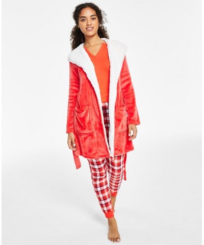 Women's Printed Short Sherpa Hooded Robe Red $17.90 Sleepwear