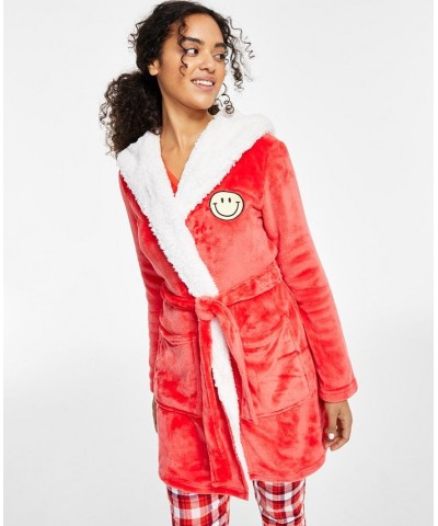 Women's Printed Short Sherpa Hooded Robe Red $17.90 Sleepwear