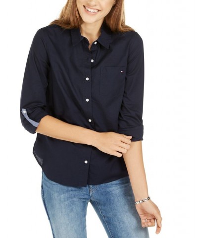 Women's Cotton Roll-Tab Button-Up Shirt Sky Captain $26.54 Tops