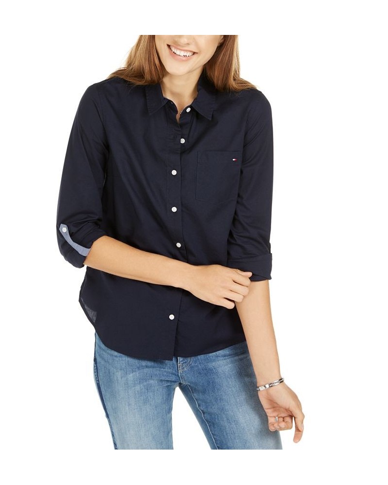 Women's Cotton Roll-Tab Button-Up Shirt Sky Captain $26.54 Tops