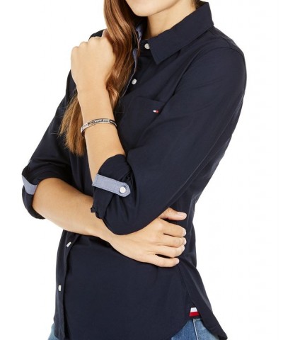 Women's Cotton Roll-Tab Button-Up Shirt Sky Captain $26.54 Tops