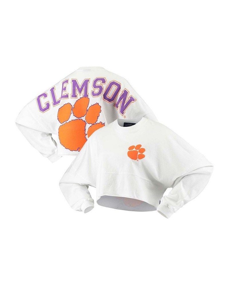 Women's White Clemson Tigers Raw Hem Cropped Long Sleeve T-shirt White $41.59 Tops