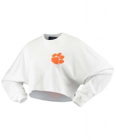 Women's White Clemson Tigers Raw Hem Cropped Long Sleeve T-shirt White $41.59 Tops