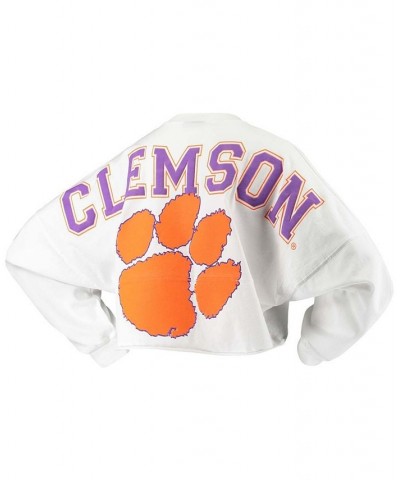 Women's White Clemson Tigers Raw Hem Cropped Long Sleeve T-shirt White $41.59 Tops