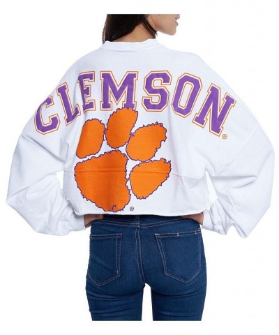 Women's White Clemson Tigers Raw Hem Cropped Long Sleeve T-shirt White $41.59 Tops