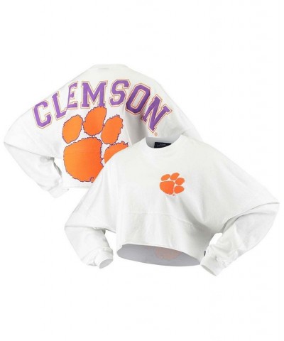 Women's White Clemson Tigers Raw Hem Cropped Long Sleeve T-shirt White $41.59 Tops