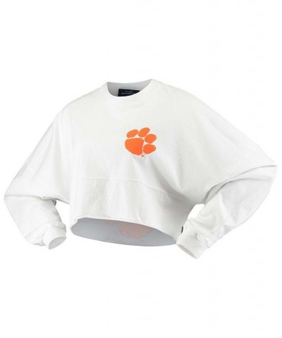 Women's White Clemson Tigers Raw Hem Cropped Long Sleeve T-shirt White $41.59 Tops